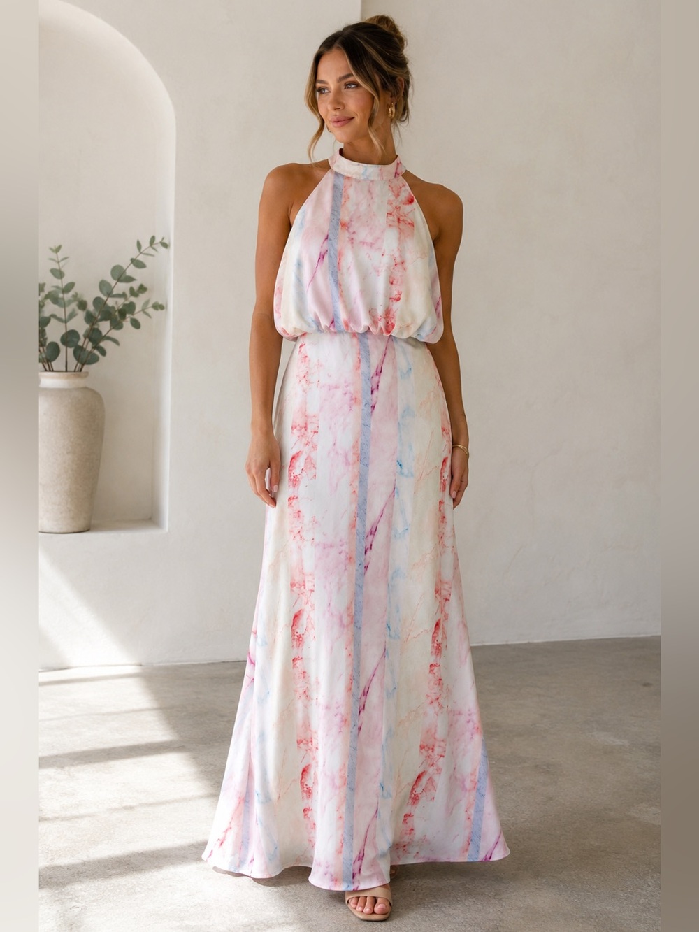 Never Fully Dressed Watercolor Halter Maxi Dress Marble Print